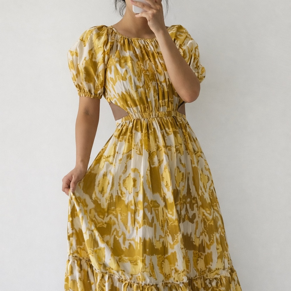 Cleobella Sadie Aubrey Yellow Abstract Midi Cut Out Dress Size Small